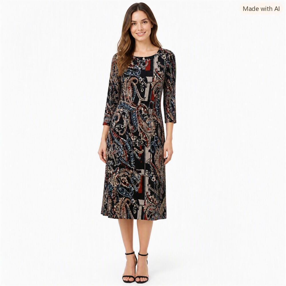 Cato Paisley Midi Dress – Black, Navy & Burgundy | Size S |